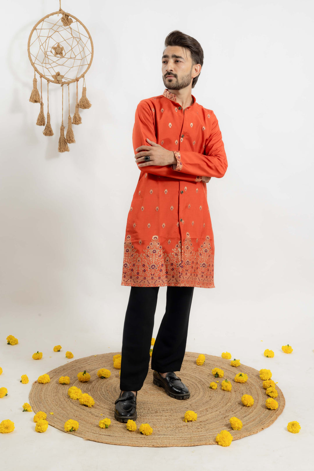 orange indo-western Men's Kurta with Ornate Border Jacquard work