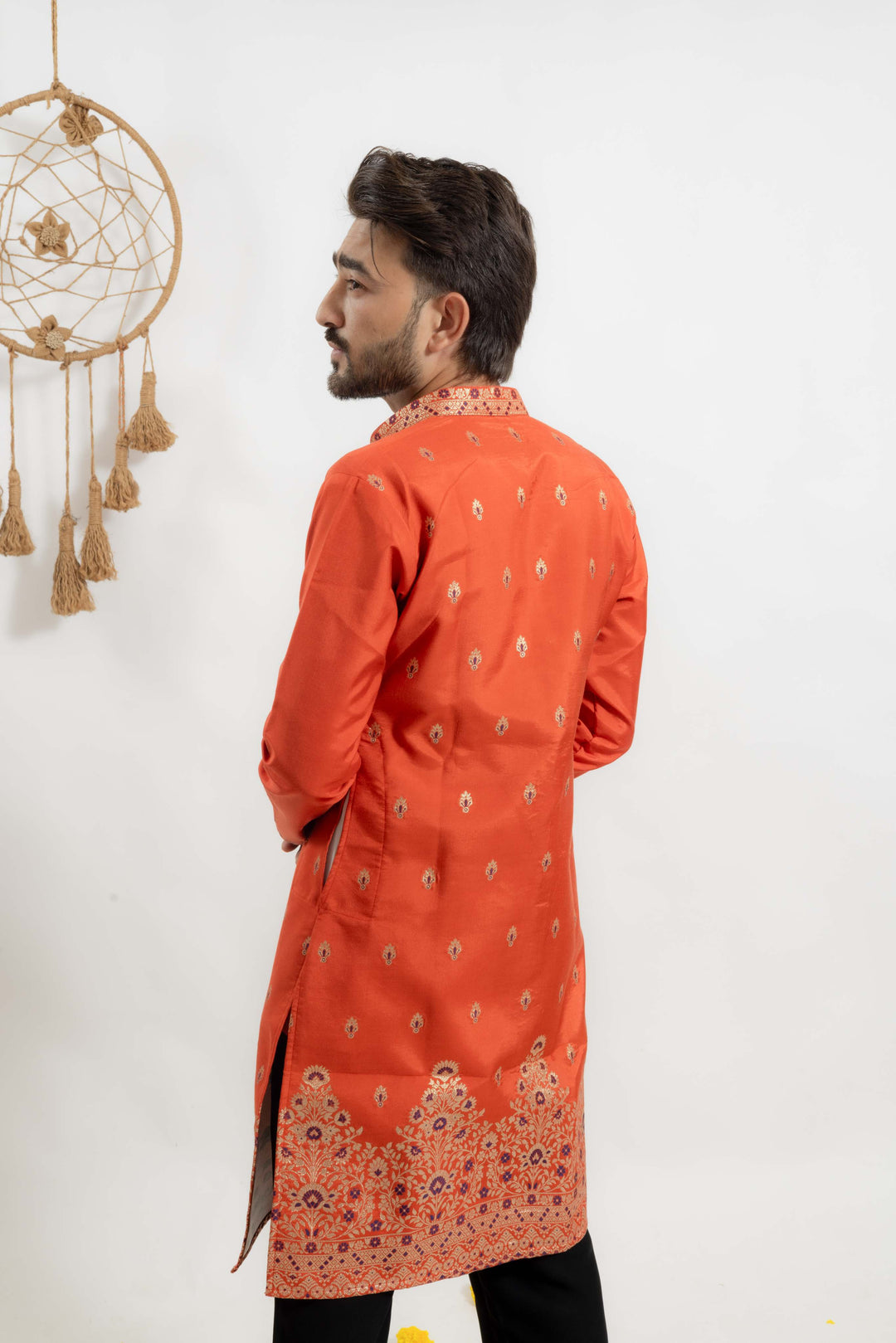 orange indo-western Men's Kurta with Ornate Border Jacquard work