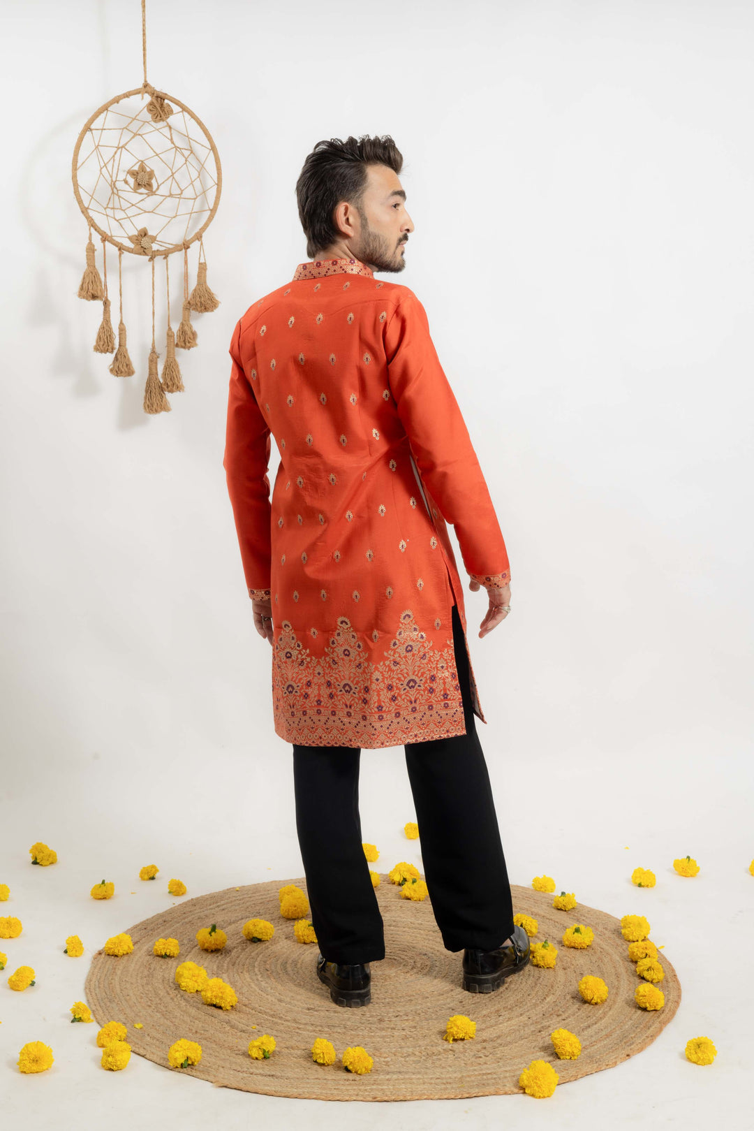 orange indo-western Men's Kurta with Ornate Border Jacquard work