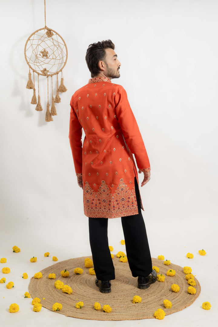 orange indo-western Men's Kurta with Ornate Border Jacquard work