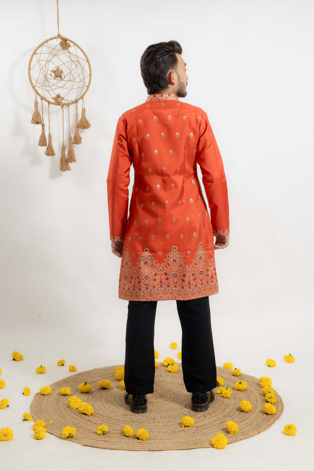 orange indo-western Men's Kurta with Ornate Border Jacquard work