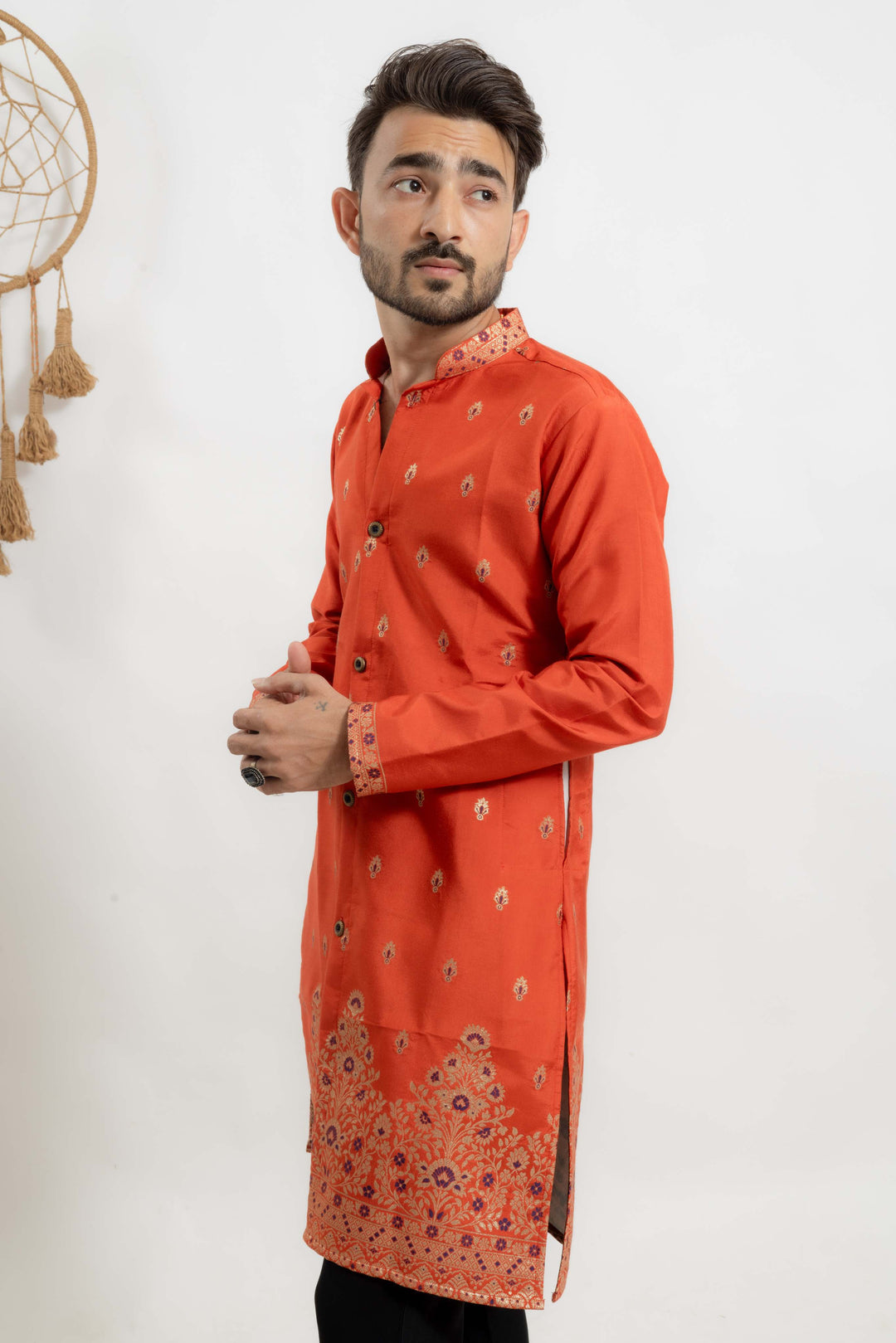 orange indo-western Men's Kurta with Ornate Border Jacquard work