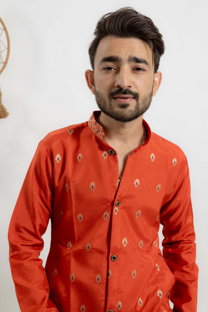 orange indo-western Men's Kurta with Ornate Border Jacquard work