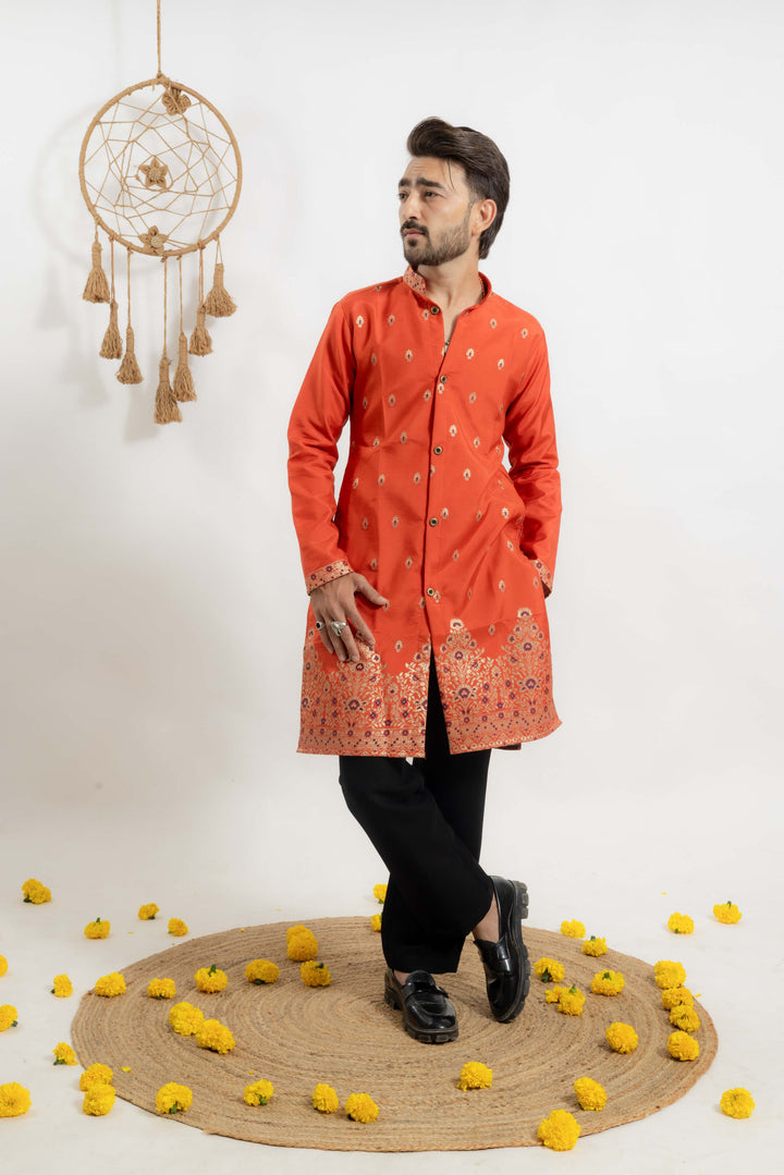 orange indo-western Men's Kurta with Ornate Border Jacquard work