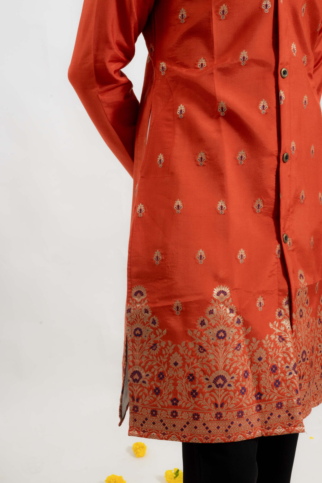 orange indo-western Men's Kurta with Ornate Border Jacquard work