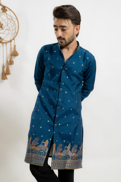DARK BLUE FLAMINGO FUSION DESIGNER INDO-KURTA