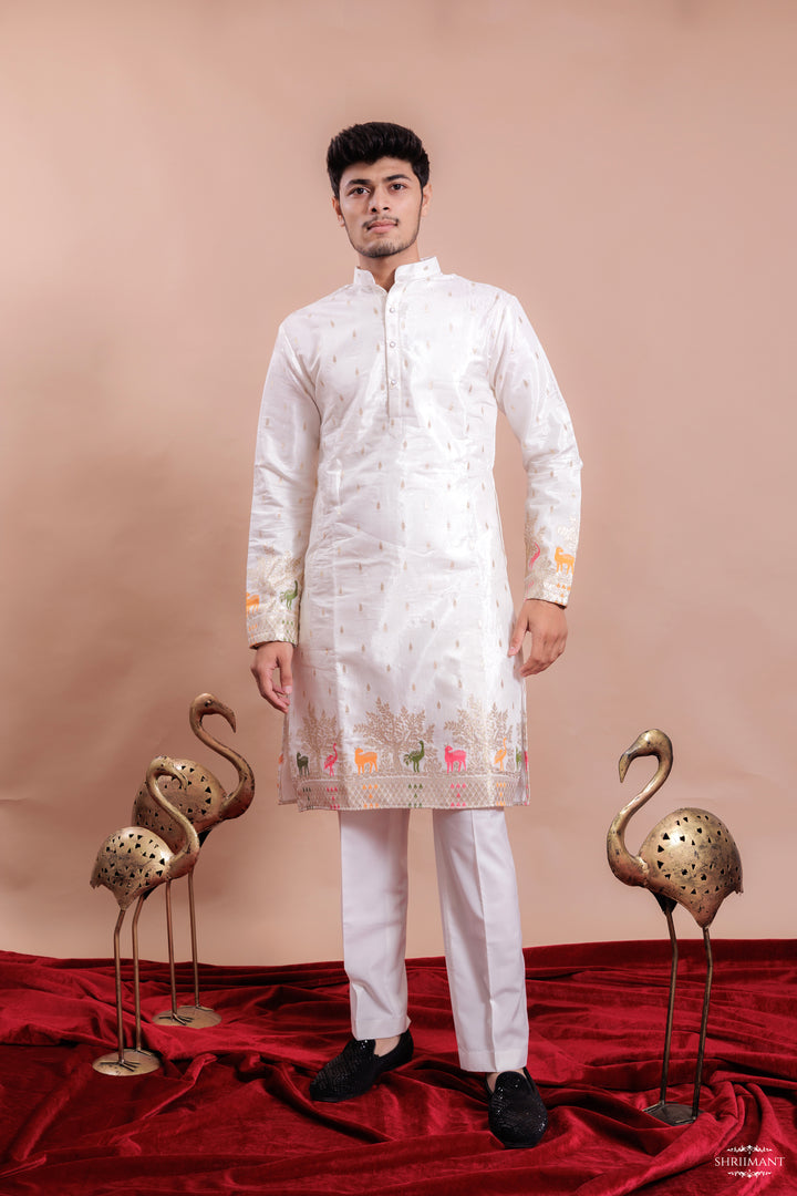 WHITE ANIMAL PATTERN JACQUARD DESIGNER KURTA