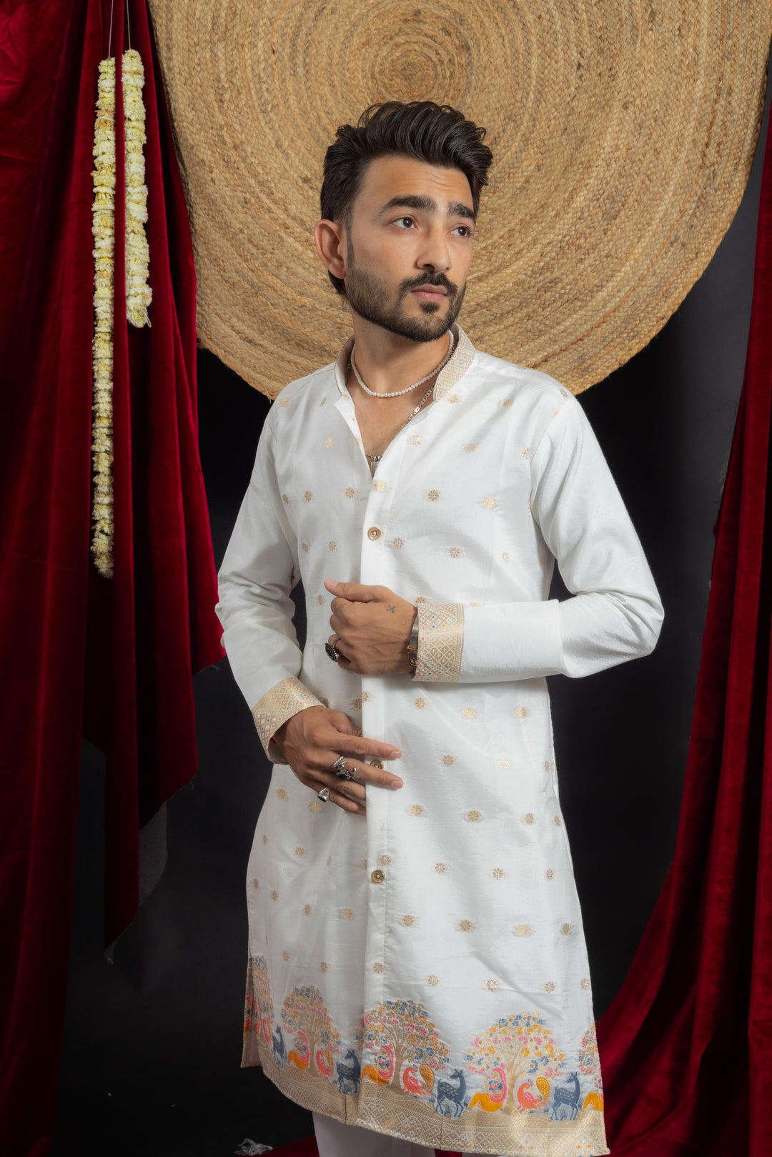 WHITE BLUE ANIMAL PATTERN JACQUARD DESIGNER KURTA