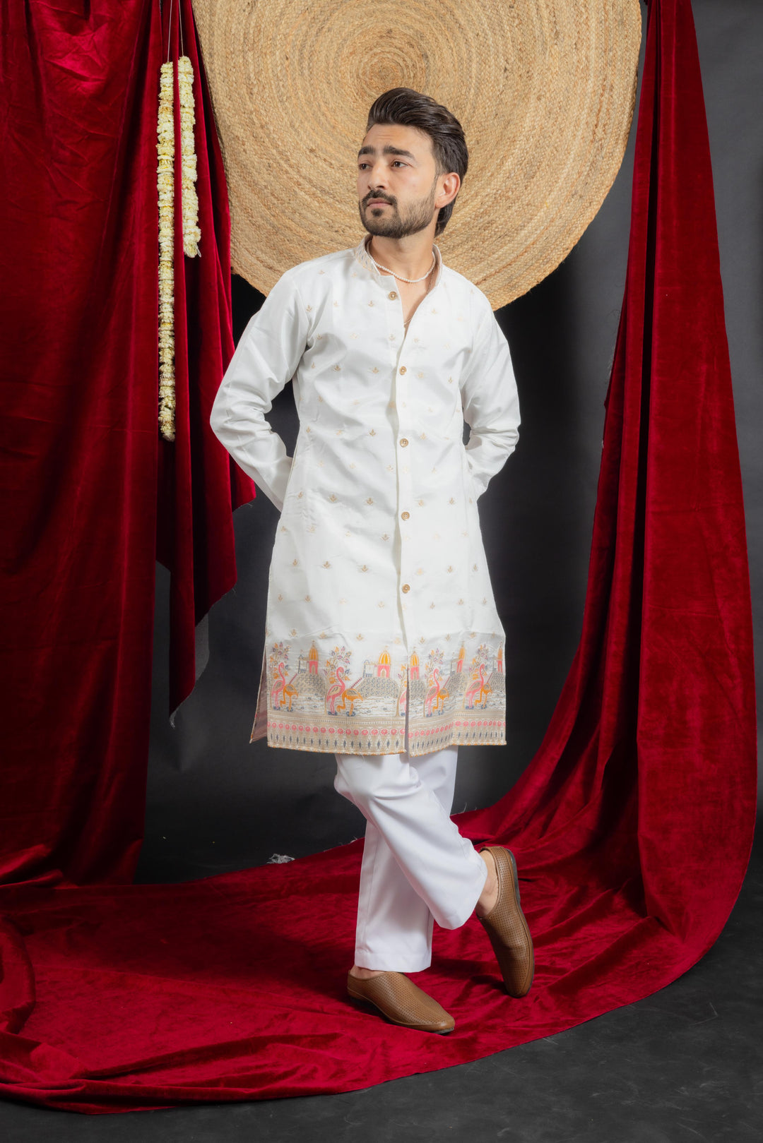 Jacquard pattern flamingo fusion men's Indo-western kurta