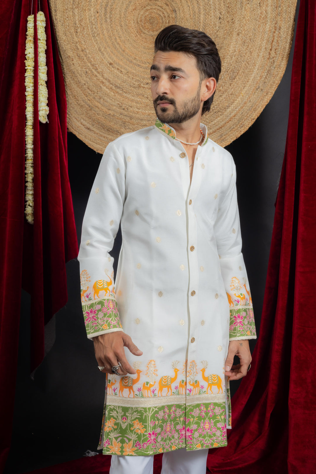 Jacquard Camel & Floral designed indo-western Kurta For men's