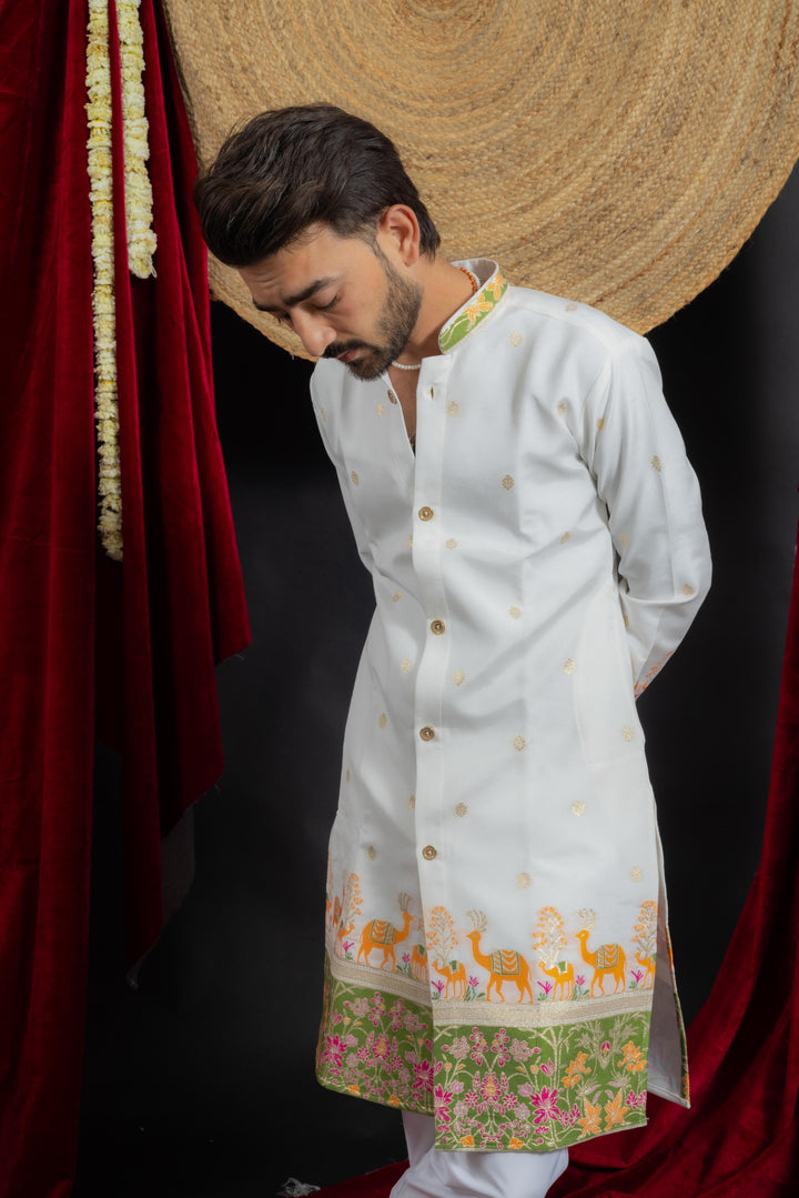 Jacquard Camel & Floral designed indo-western Kurta For men's