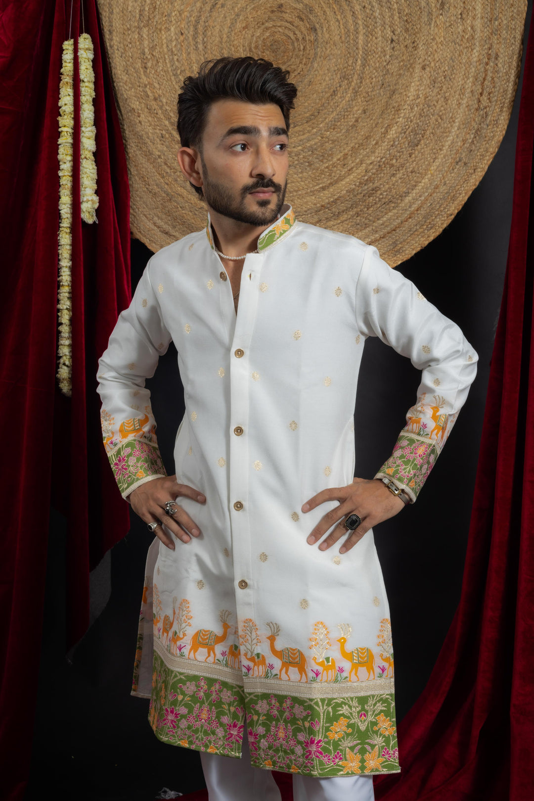 Jacquard Camel & Floral designed indo-western Kurta For men's