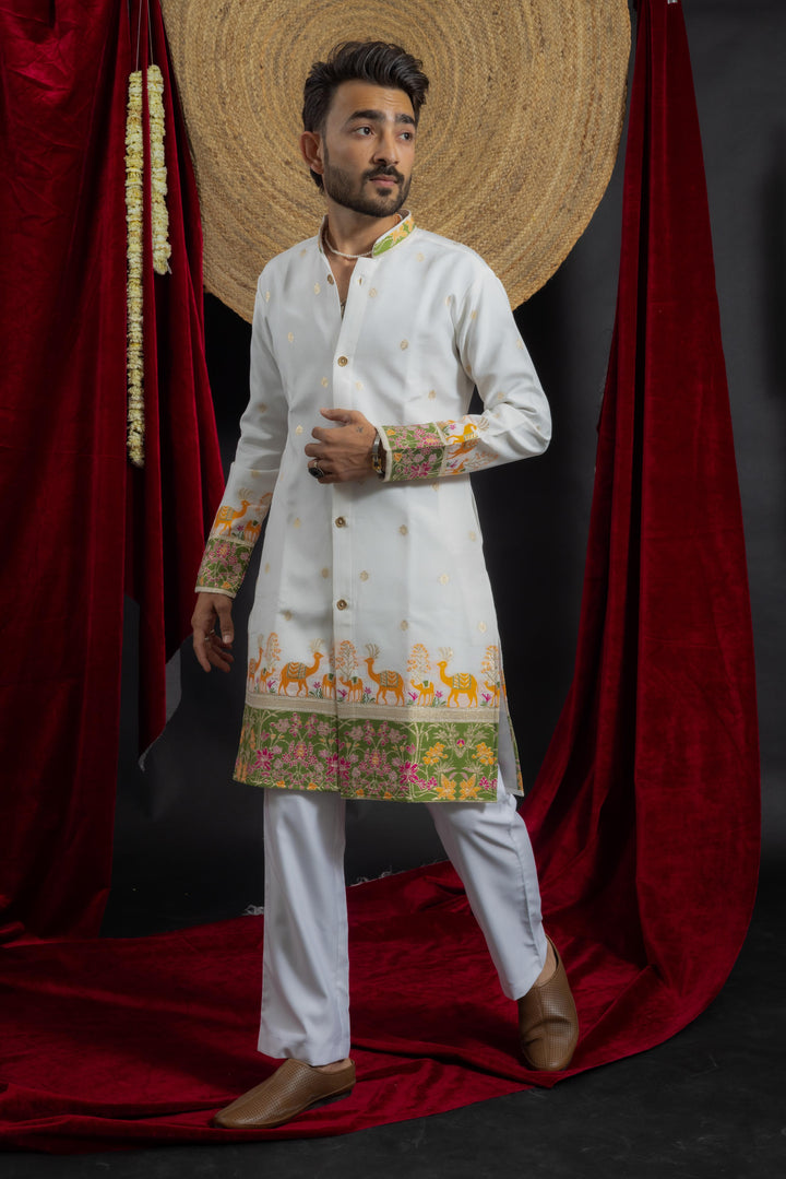 Jacquard Camel & Floral designed indo-western Kurta For men's