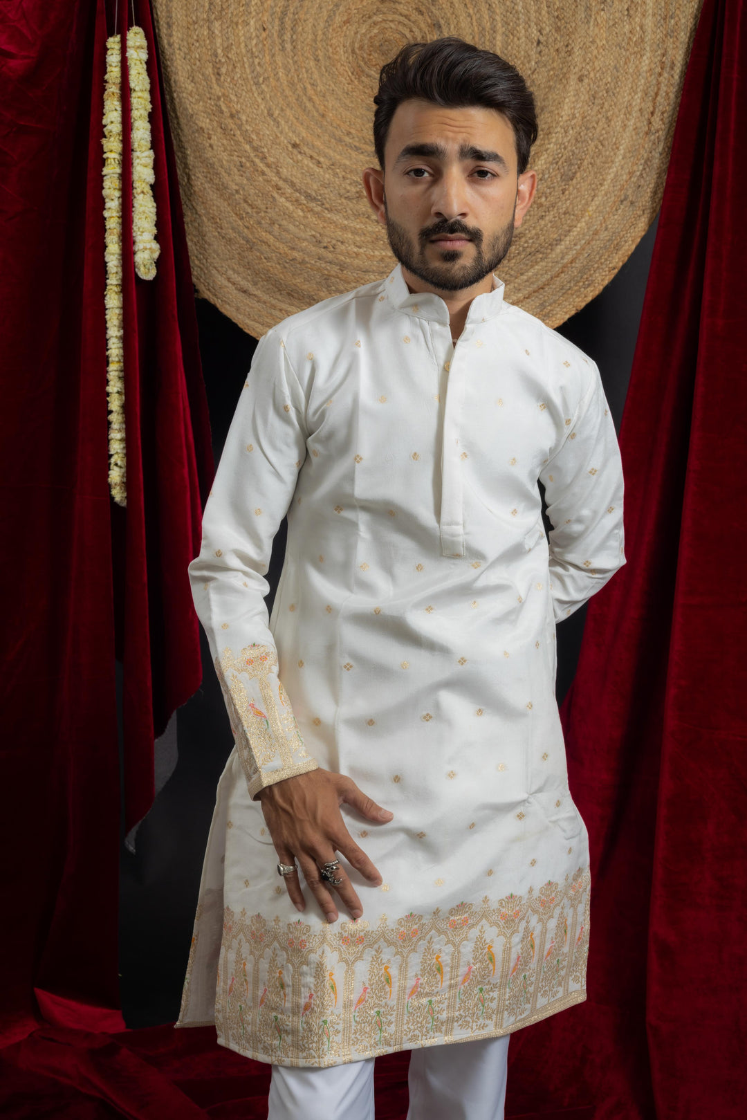 Mughal-inspired floral and sparrow detailed  jacquard work indo-western kurta for men