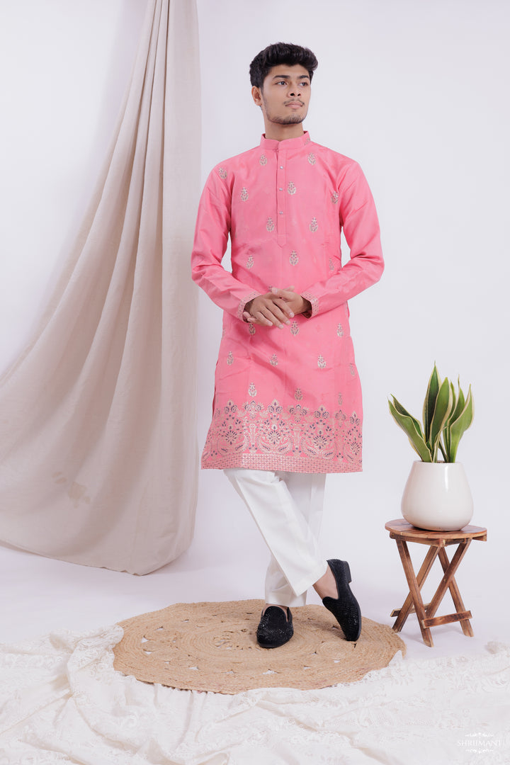 LIGHT RED MAHAL JACQUARD DESIGNER KURTA