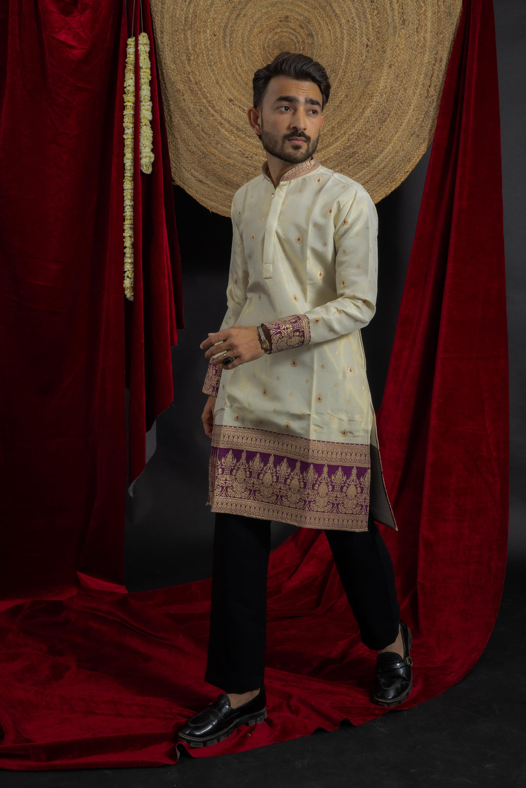 white purple combination with beautiful jacquard work on men's indo- western kurta