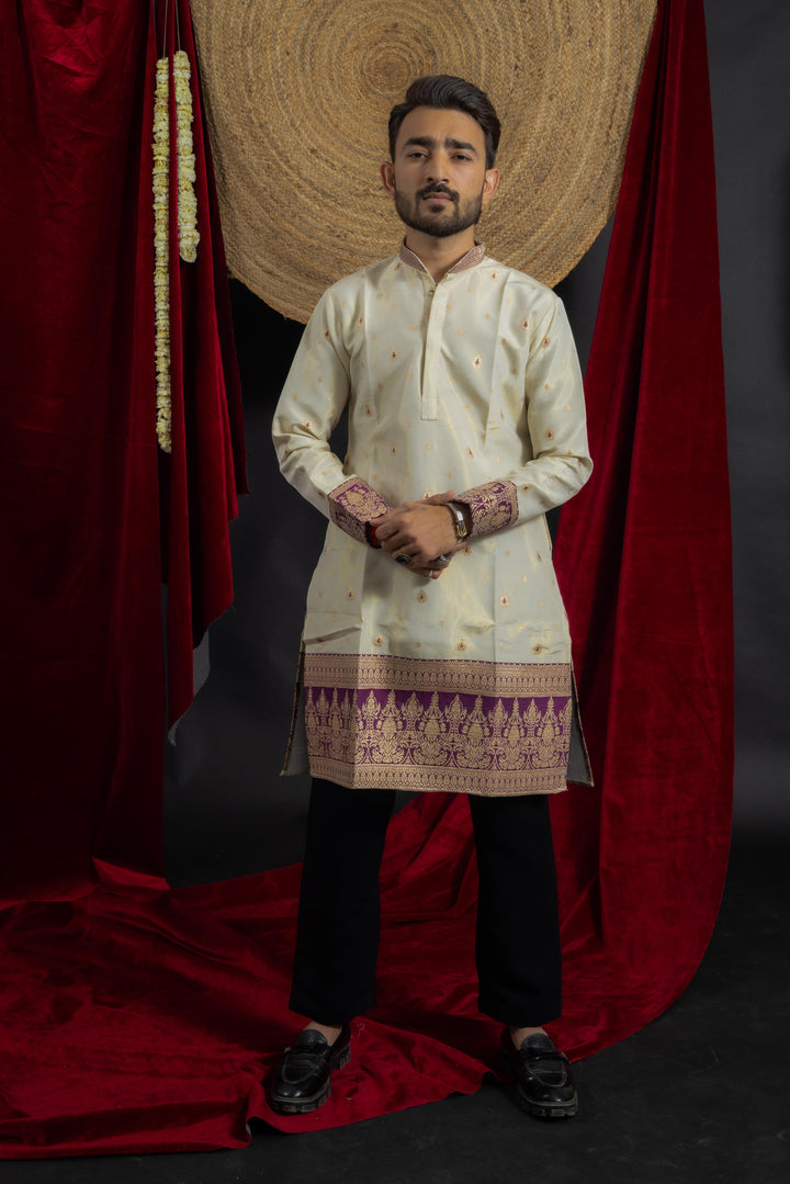 white purple combination with beautiful jacquard work on men's indo- western kurta