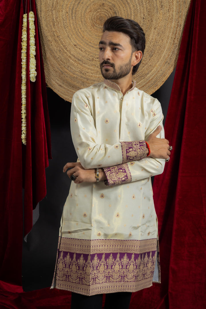 white purple combination with beautiful jacquard work on men's indo- western kurta