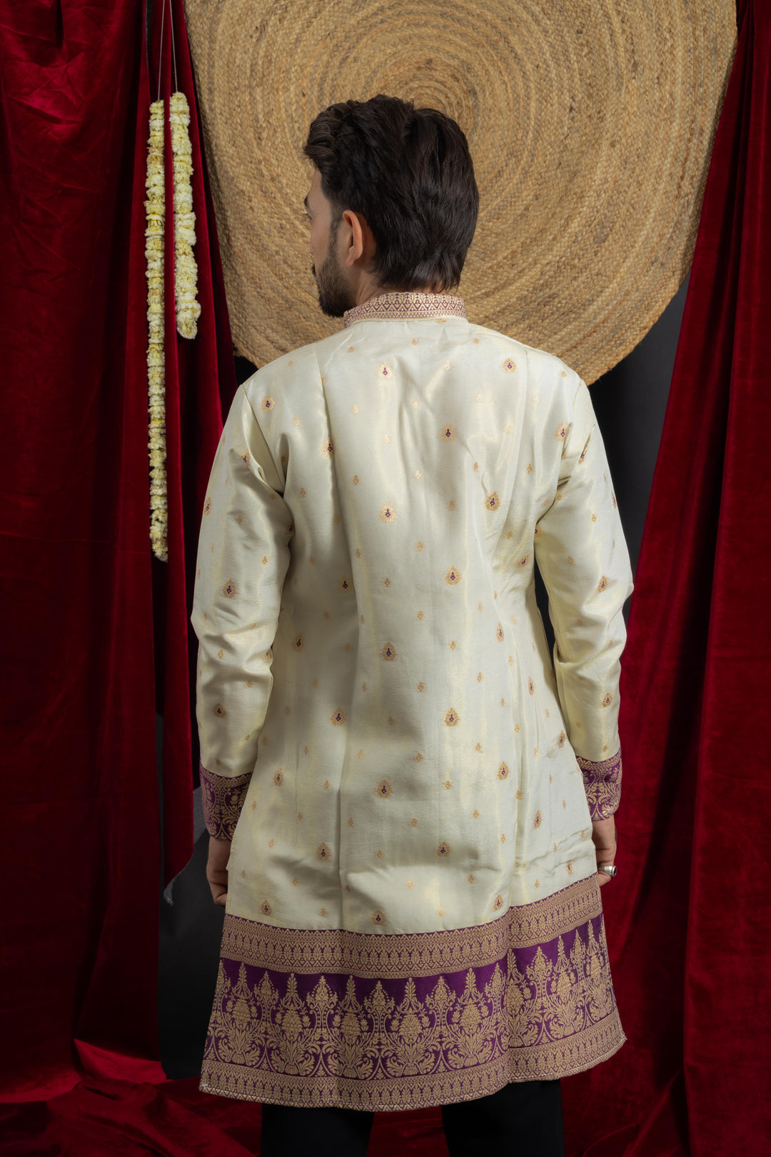 white purple combination with beautiful jacquard work on men's indo- western kurta