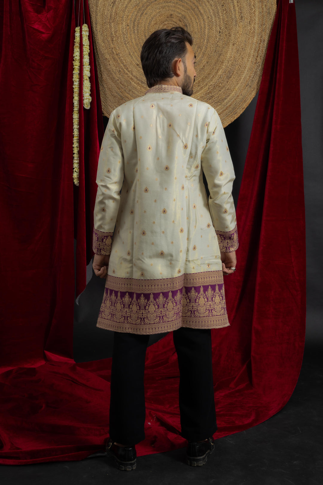 white purple combination with beautiful jacquard work on men's indo- western kurta