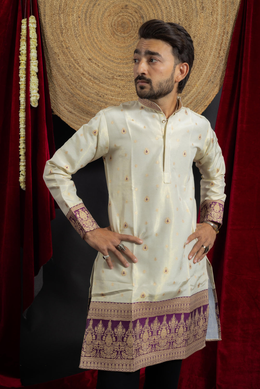 white purple combination with beautiful jacquard work on men's indo- western kurta