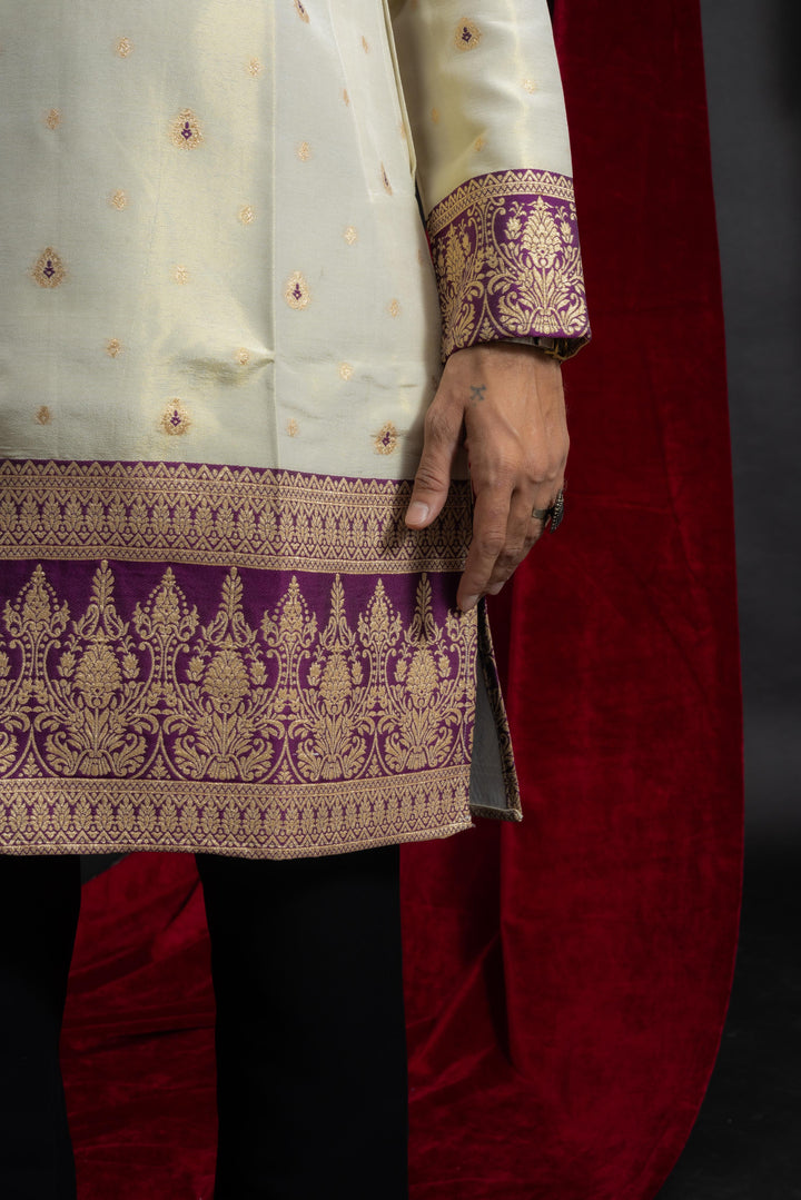 white purple combination with beautiful jacquard work on men's indo- western kurta