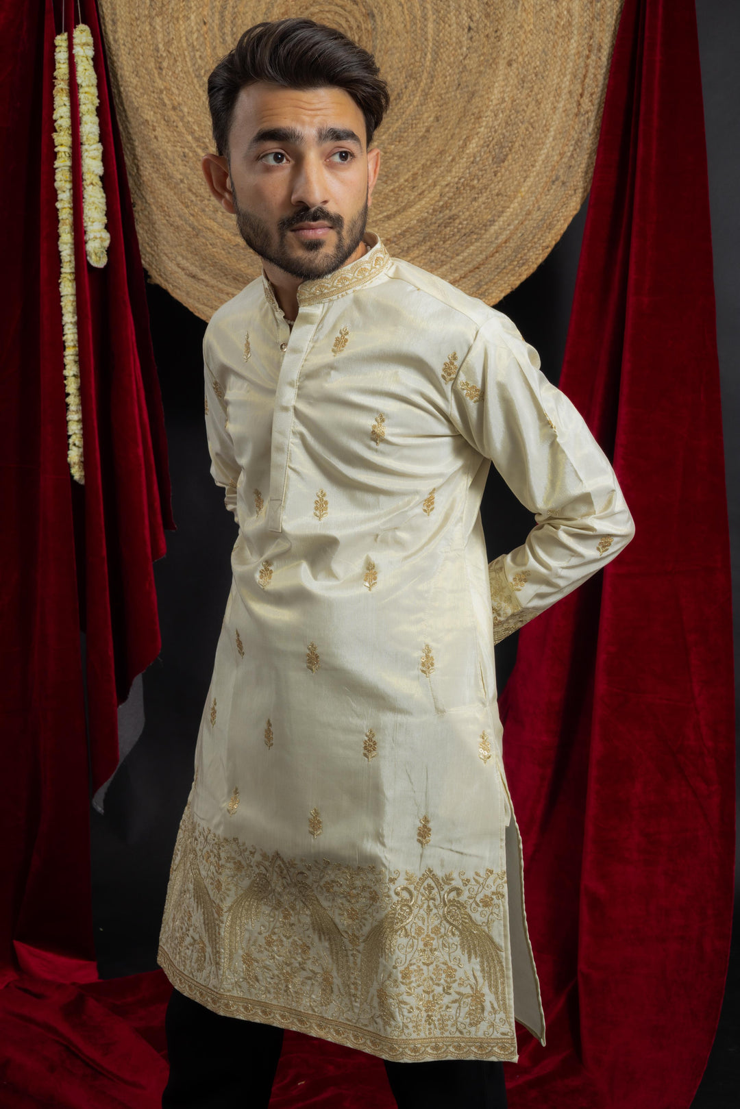 GOLDEN PEACOCK IVORY EMBROIDERED KURTA