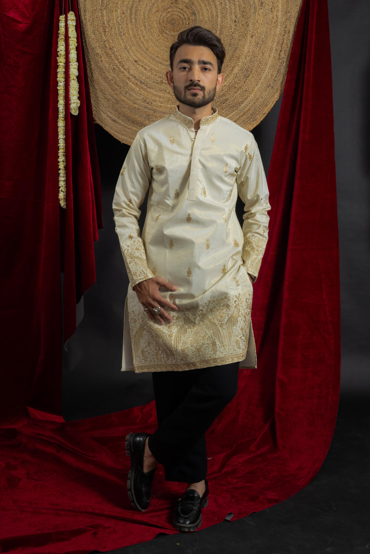 GOLDEN PEACOCK IVORY EMBROIDERED KURTA