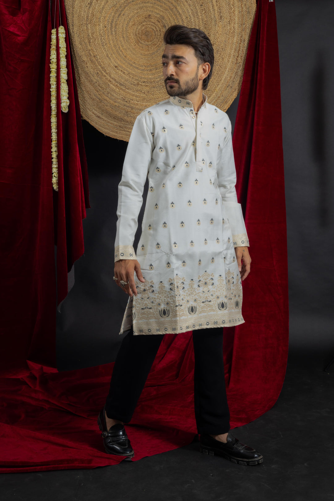 gold and black lotus designed jacquard work indo-western kurta for men