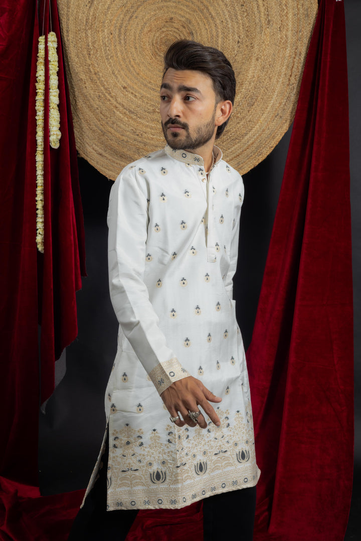 gold and black lotus designed jacquard work indo-western kurta for men