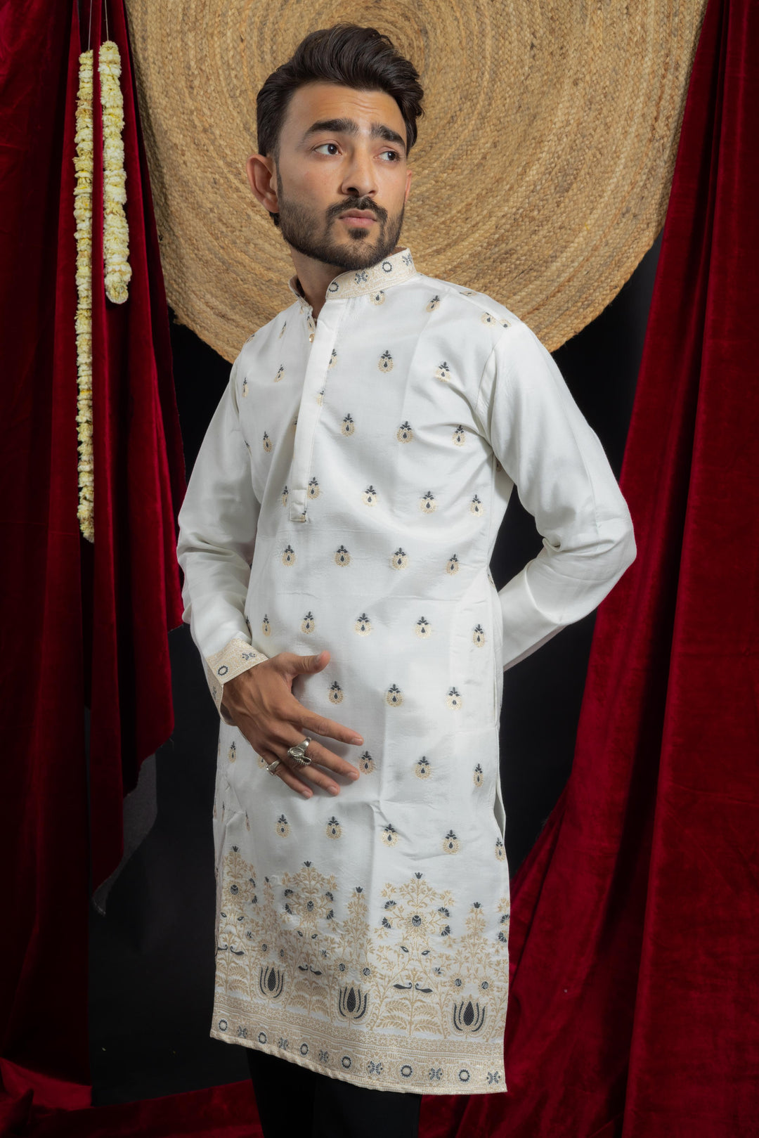 gold and black lotus designed jacquard work indo-western kurta for men