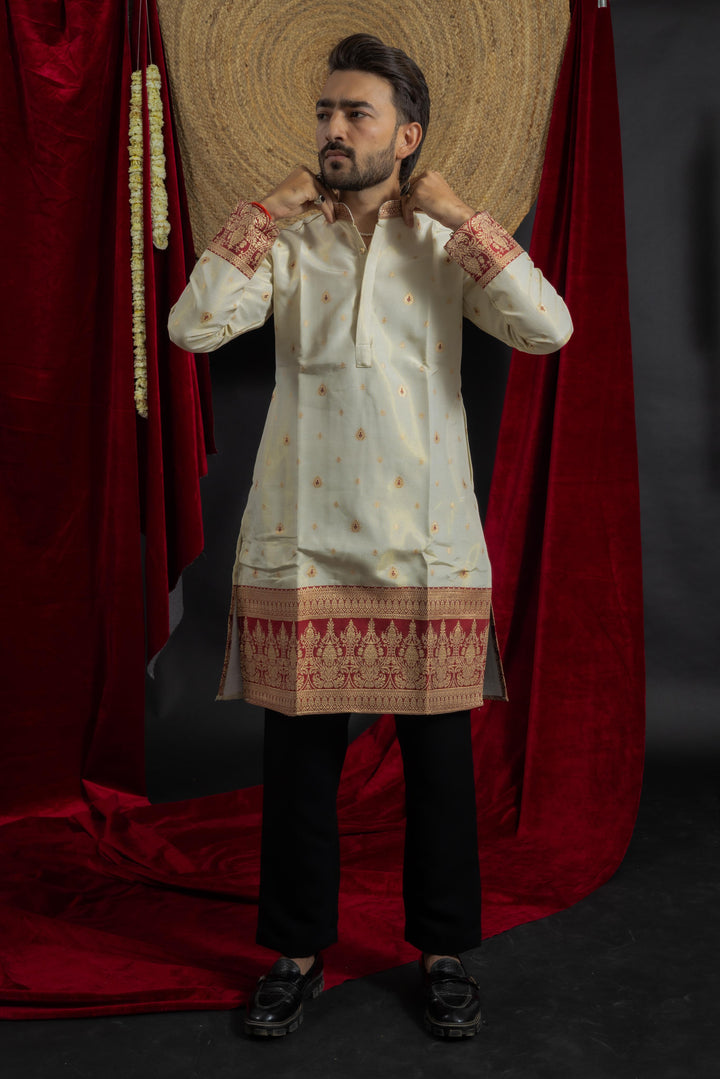 white maroon combination with beautiful jacquard work on men's indo- western kurta