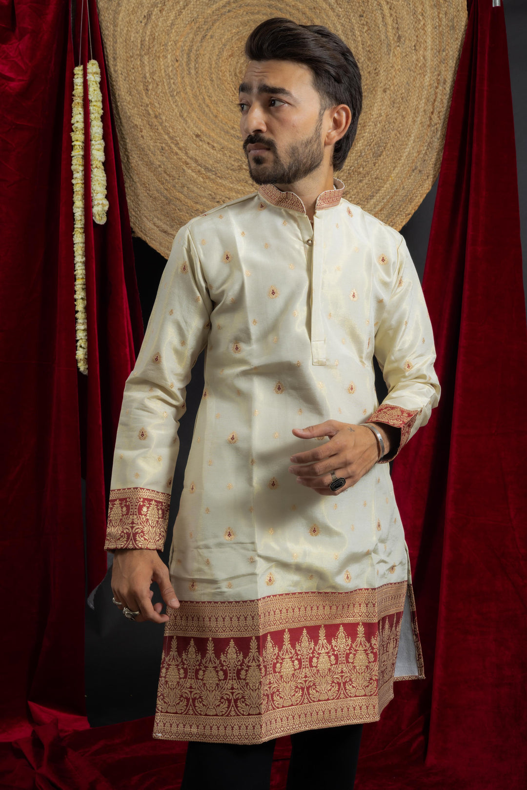 white maroon combination with beautiful jacquard work on men's indo- western kurta