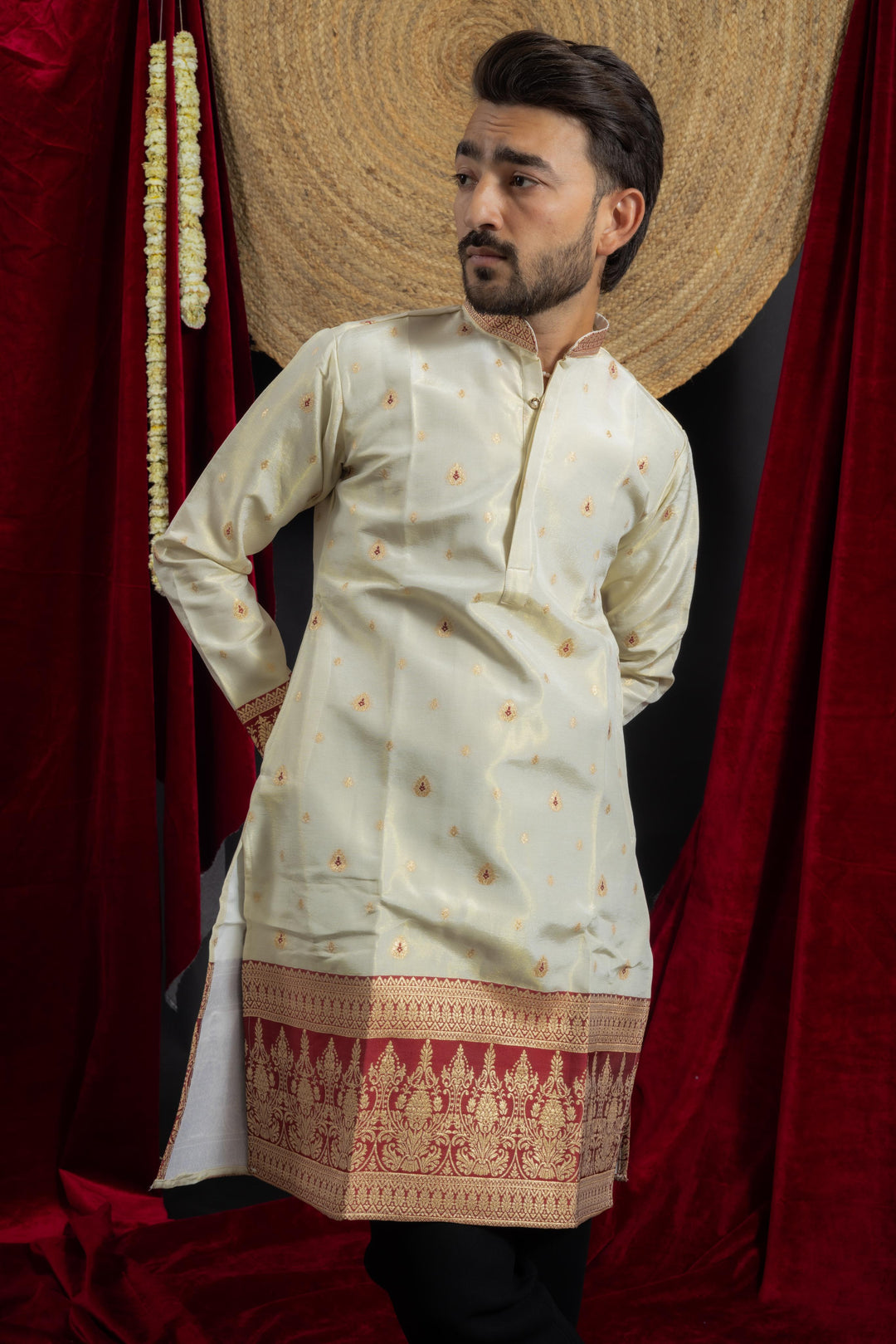 white maroon combination with beautiful jacquard work on men's indo- western kurta