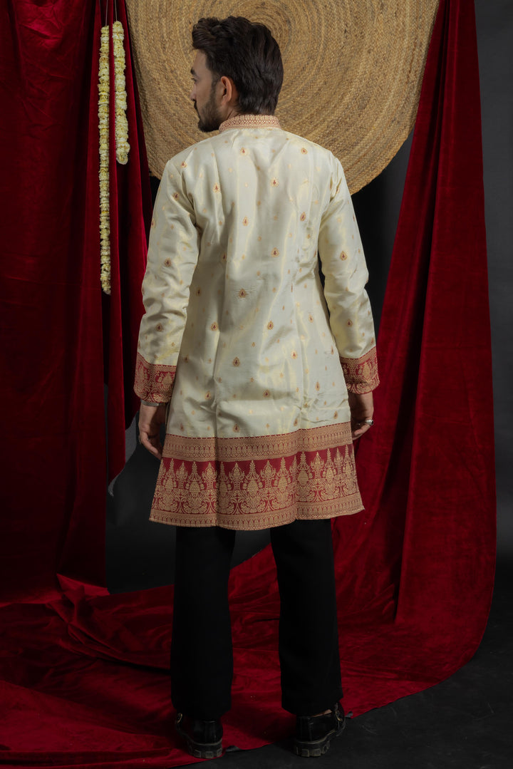 white maroon combination with beautiful jacquard work on men's indo- western kurta