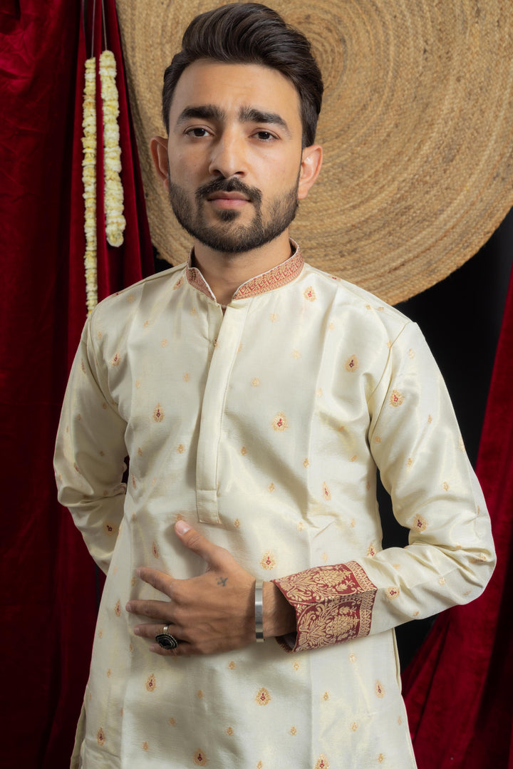 white maroon combination with beautiful jacquard work on men's indo- western kurta