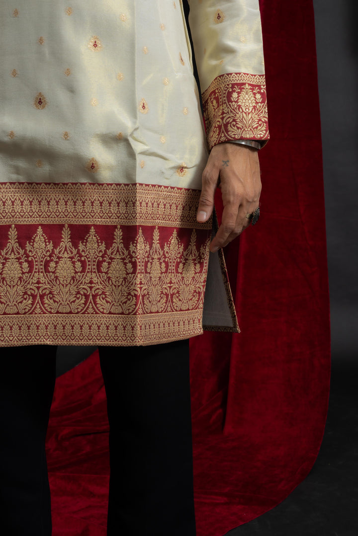 white maroon combination with beautiful jacquard work on men's indo- western kurta