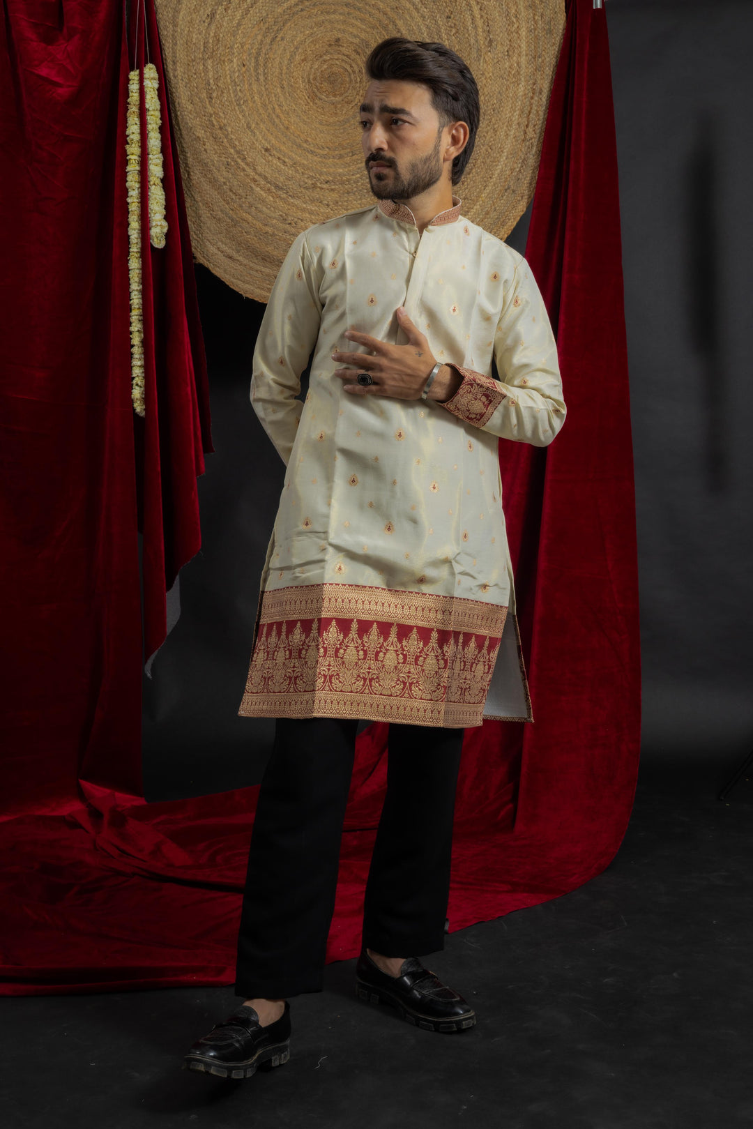 white maroon combination with beautiful jacquard work on men's indo- western kurta