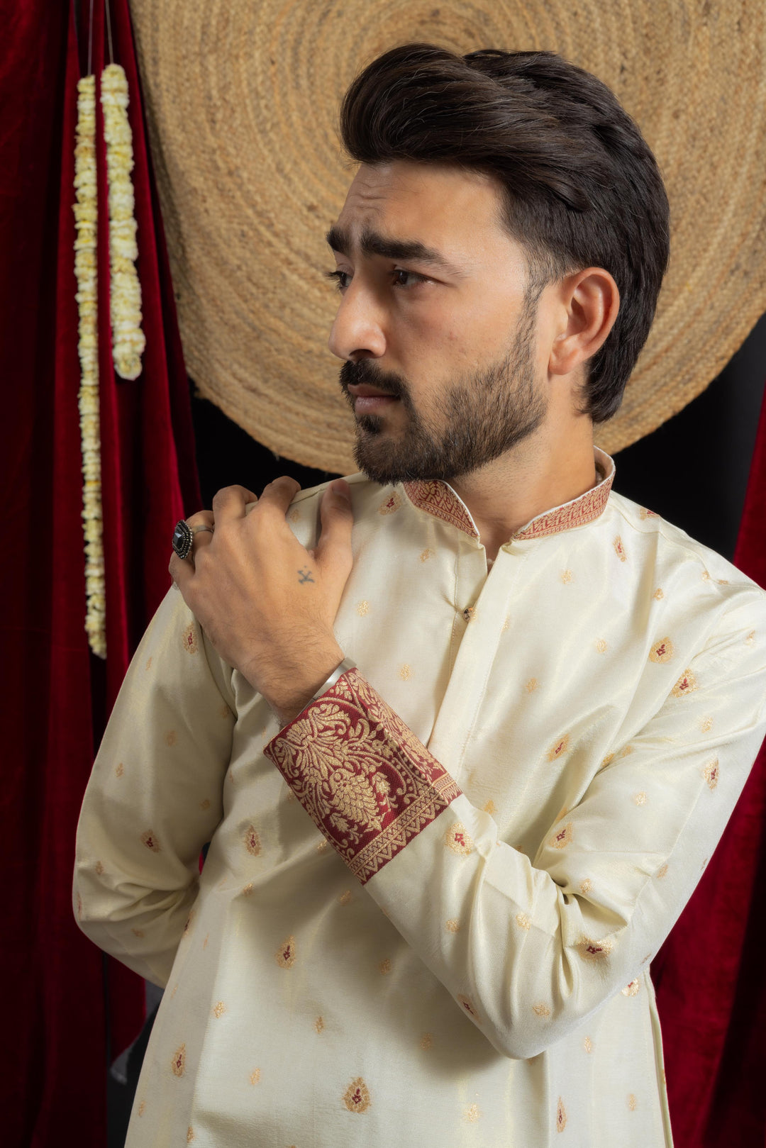 white maroon combination with beautiful jacquard work on men's indo- western kurta