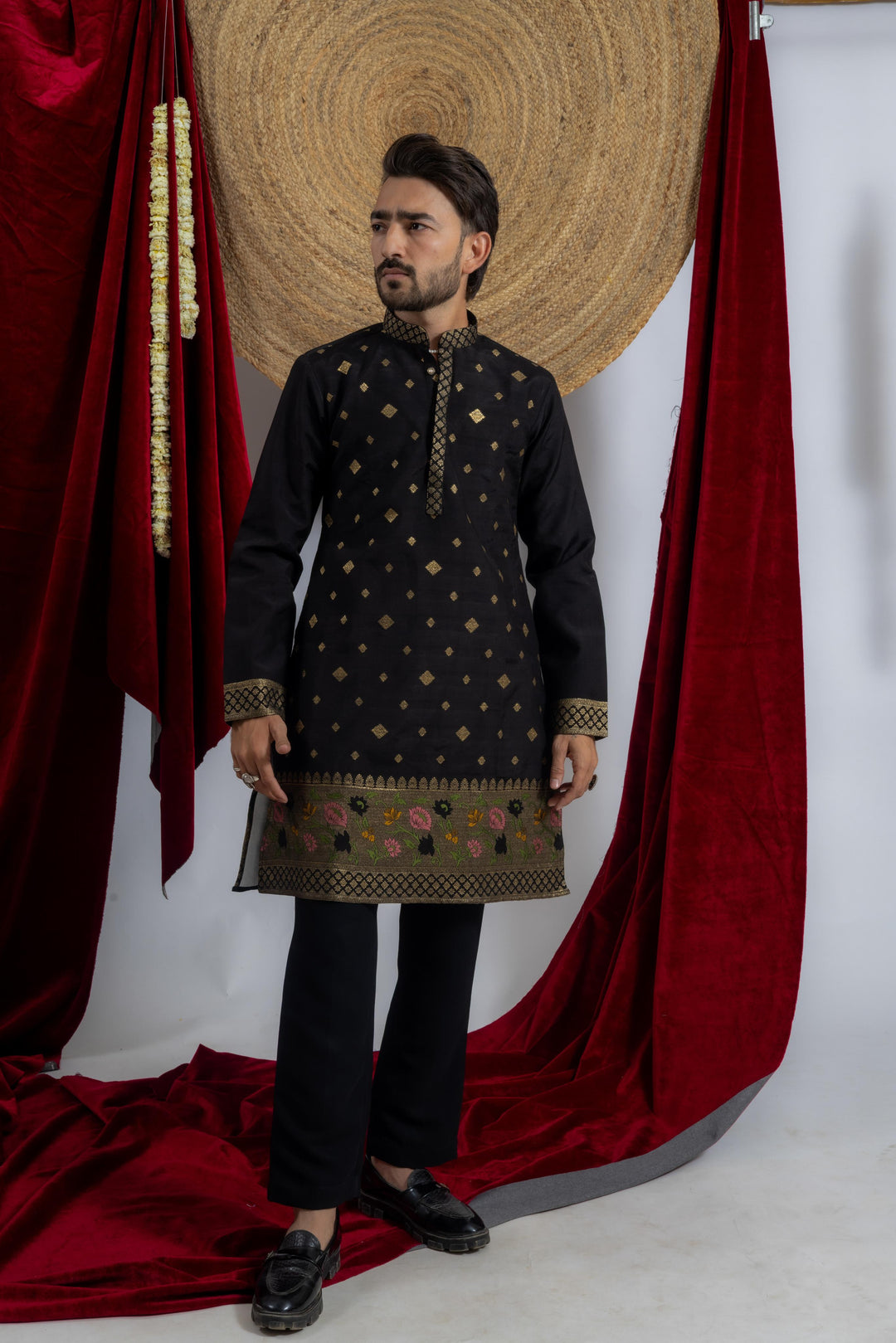 BLACK BANARASI BORDER JACQUARD DESIGNER INDO KURTA