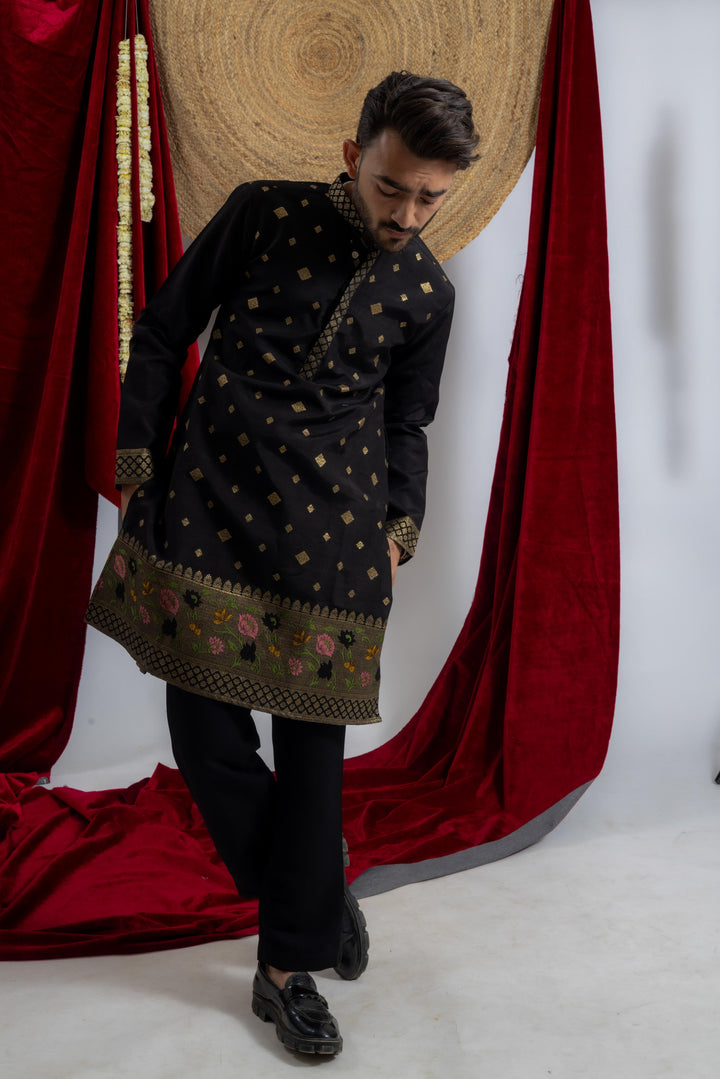 BLACK BANARASI BORDER JACQUARD DESIGNER INDO KURTA