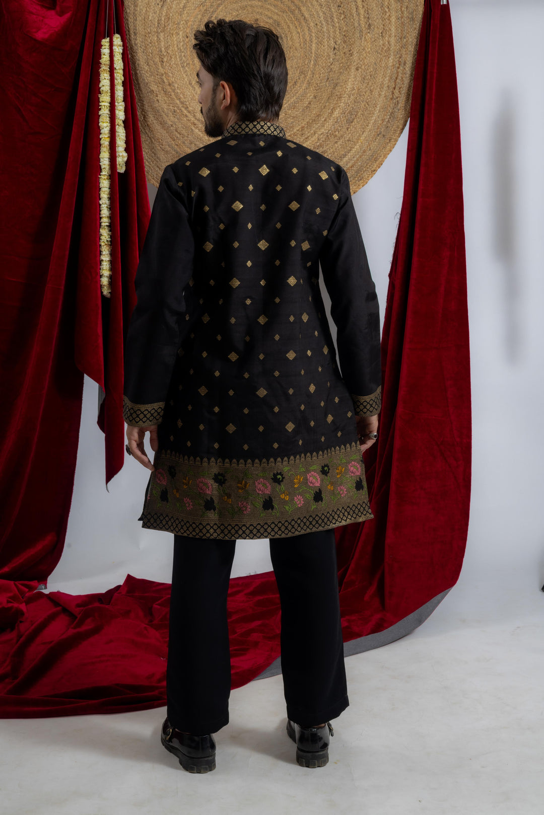 BLACK BANARASI BORDER JACQUARD DESIGNER INDO KURTA