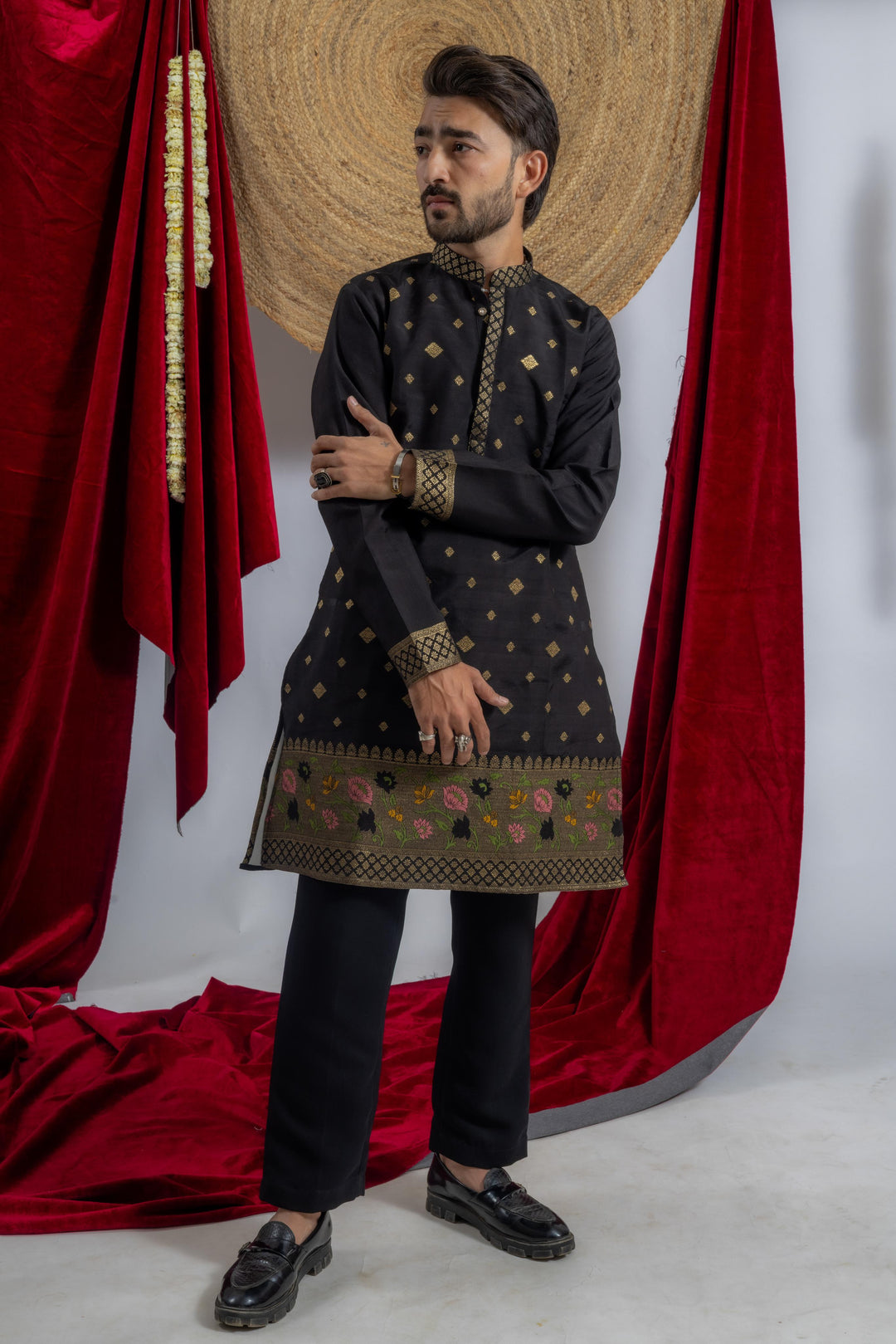 BLACK BANARASI BORDER JACQUARD DESIGNER INDO KURTA