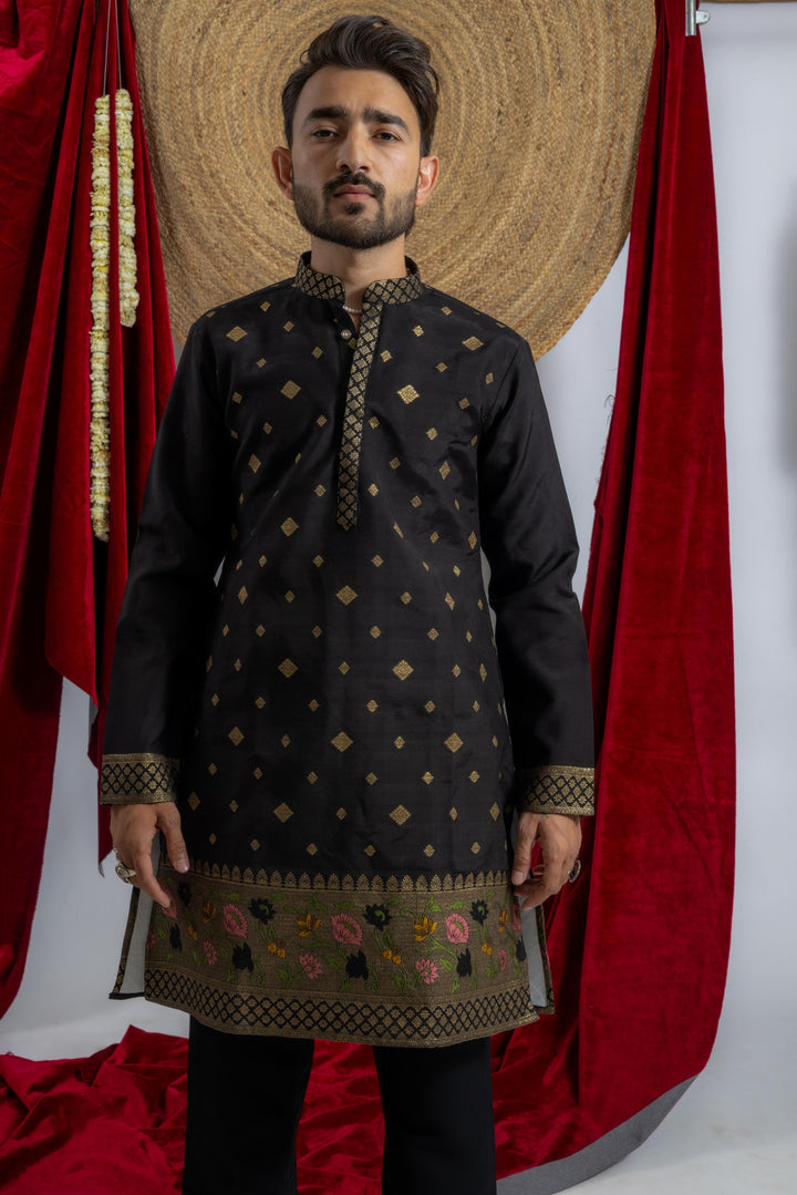 BLACK BANARASI BORDER JACQUARD DESIGNER INDO KURTA