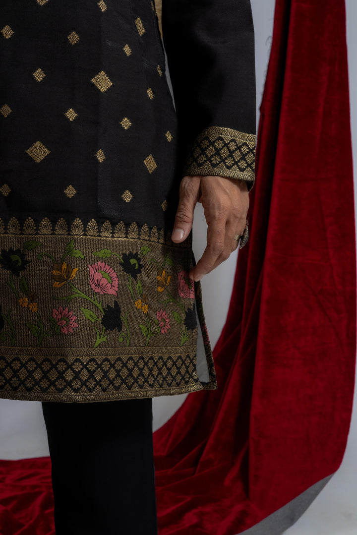 BLACK BANARASI BORDER JACQUARD DESIGNER INDO KURTA