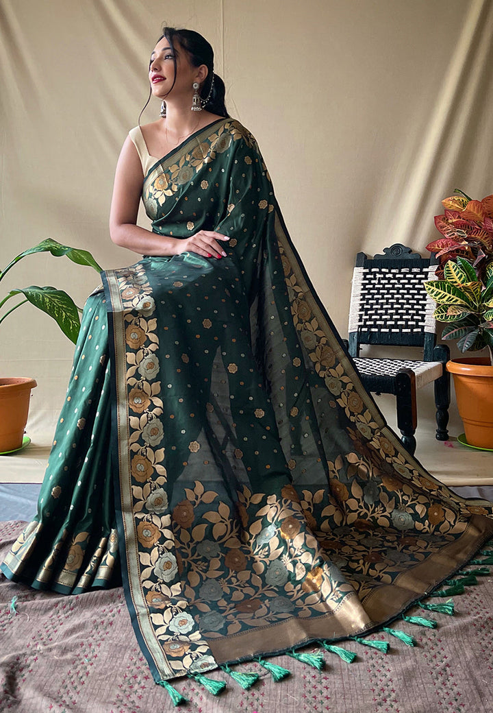 1 MIN Ready To Wear Dark Green Suhani Banarasi Silk Zari Woven Saree