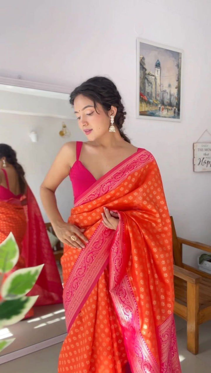 1 MIN Ready To Wear Orange Butti Saree