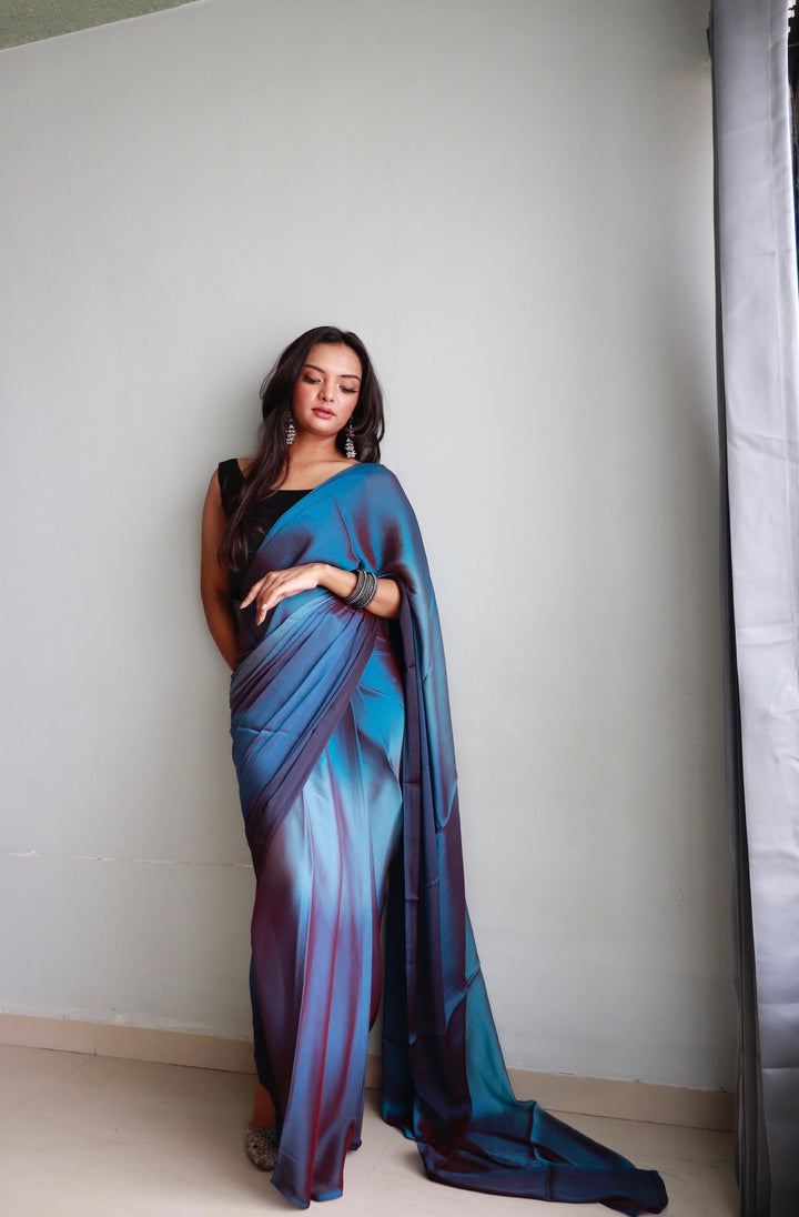 1 MIN Ready To Wear Sky Blue Dual shade Saree - Deep Sea