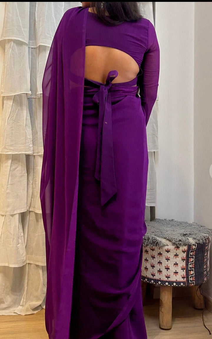 1 Min Ready to Wear Purple Georgette Saree- Rubby